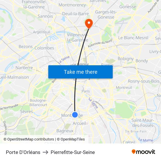 Porte D'Orléans to Pierrefitte-Sur-Seine map