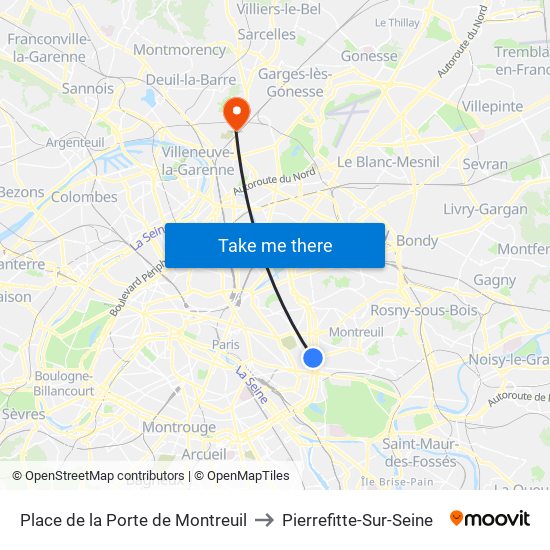 Place de la Porte de Montreuil to Pierrefitte-Sur-Seine map