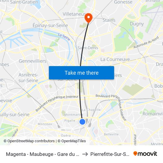 Magenta - Maubeuge - Gare du Nord to Pierrefitte-Sur-Seine map