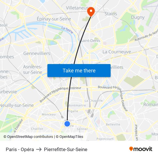 Paris - Opéra to Pierrefitte-Sur-Seine map