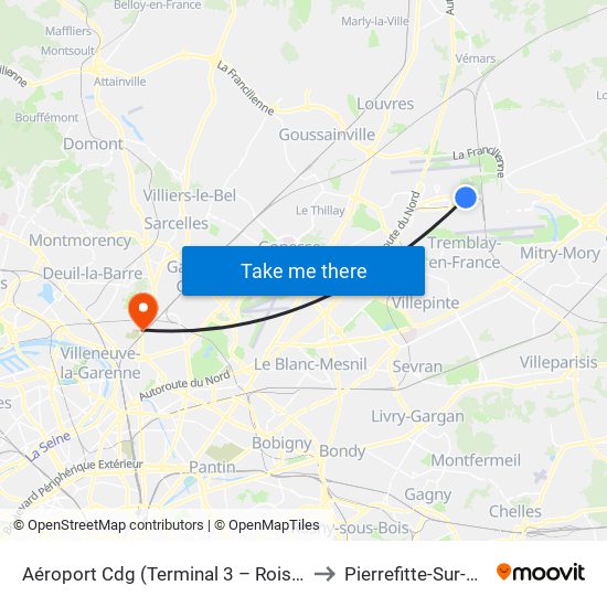 Aéroport Cdg (Terminal 3 – Roissypôle) to Pierrefitte-Sur-Seine map