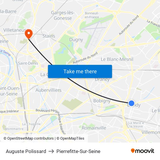 Auguste Polissard to Pierrefitte-Sur-Seine map