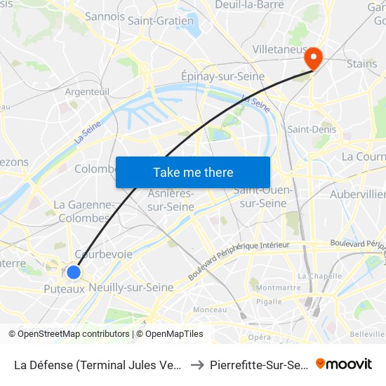 La Défense (Terminal Jules Verne) to Pierrefitte-Sur-Seine map