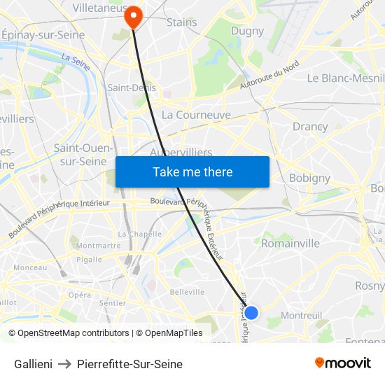 Gallieni to Pierrefitte-Sur-Seine map