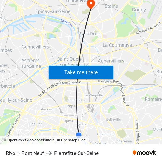 Rivoli - Pont Neuf to Pierrefitte-Sur-Seine map