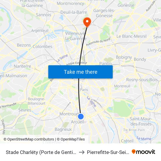 Stade Charléty (Porte de Gentilly) to Pierrefitte-Sur-Seine map