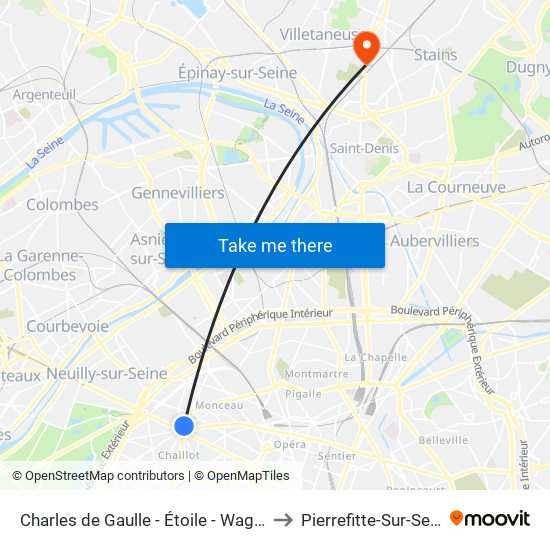 Charles de Gaulle - Étoile - Wagram to Pierrefitte-Sur-Seine map