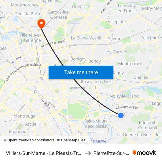 Villiers-Sur-Marne - Le Plessis-Trévise RER to Pierrefitte-Sur-Seine map