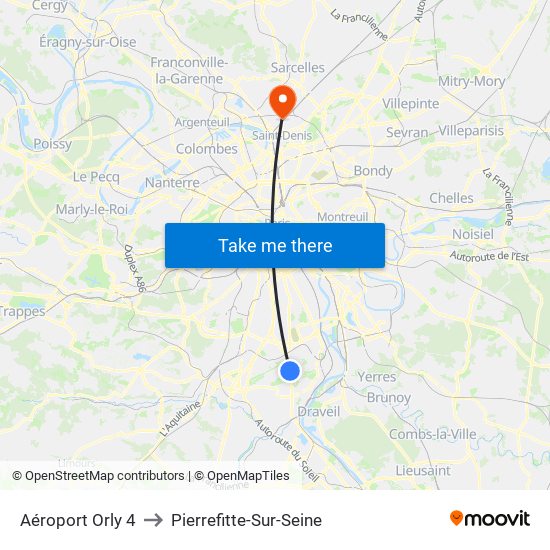 Aéroport Orly 4 to Pierrefitte-Sur-Seine map