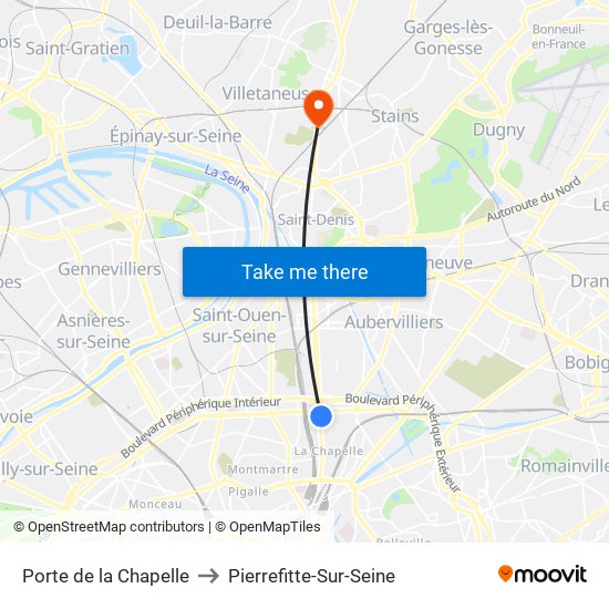 Porte de la Chapelle to Pierrefitte-Sur-Seine map