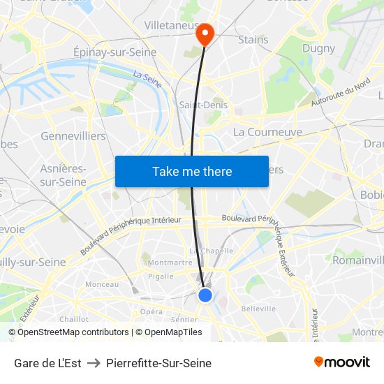 Gare de L'Est to Pierrefitte-Sur-Seine map