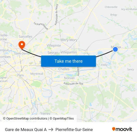 Gare de Meaux Quai A to Pierrefitte-Sur-Seine map