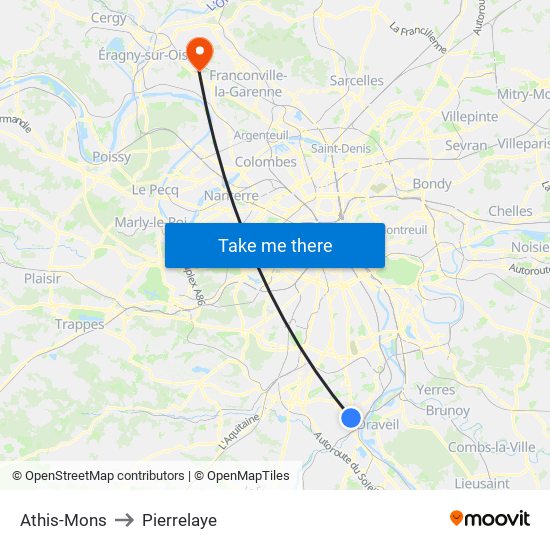 Athis-Mons to Pierrelaye map