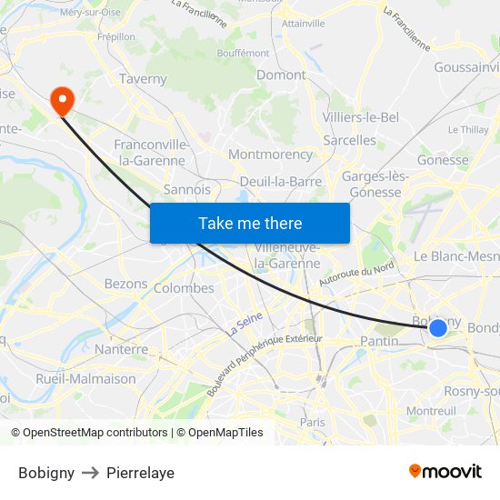 Bobigny to Pierrelaye map