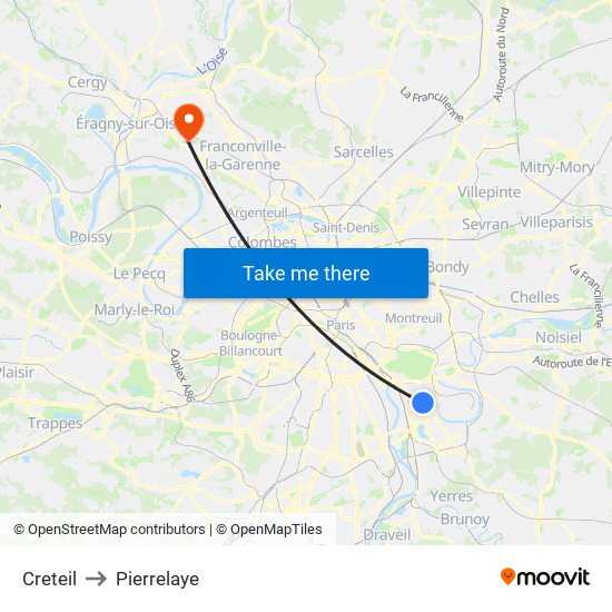 Creteil to Pierrelaye map