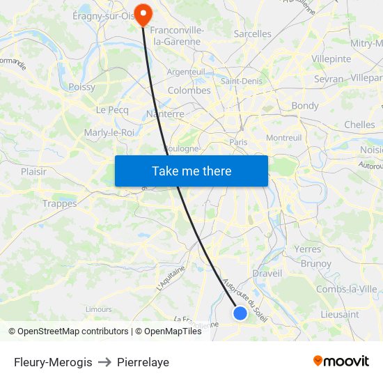 Fleury-Merogis to Pierrelaye map