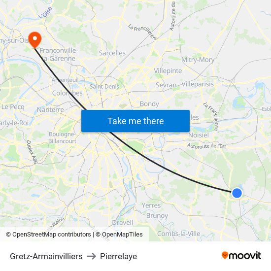 Gretz-Armainvilliers to Pierrelaye map