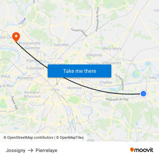 Jossigny to Pierrelaye map
