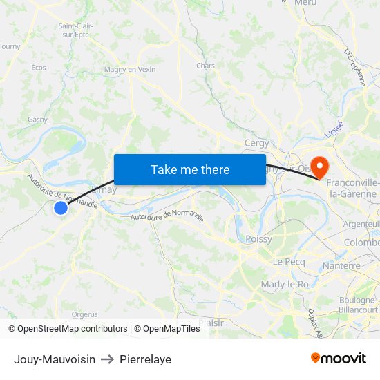 Jouy-Mauvoisin to Pierrelaye map