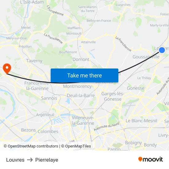 Louvres to Pierrelaye map