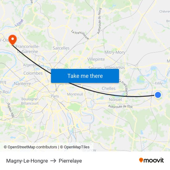 Magny-Le-Hongre to Pierrelaye map