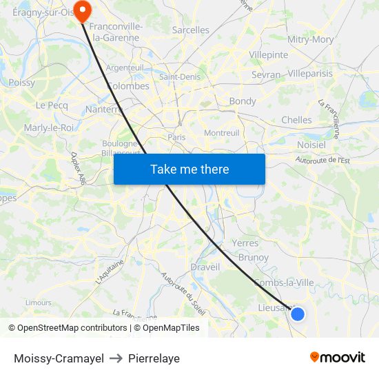 Moissy-Cramayel to Pierrelaye map