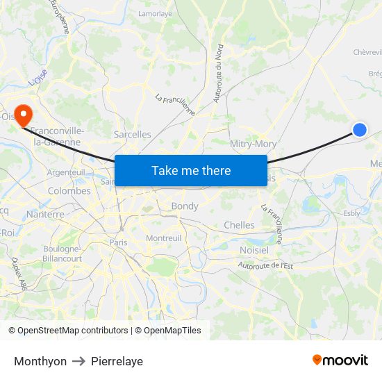 Monthyon to Pierrelaye map