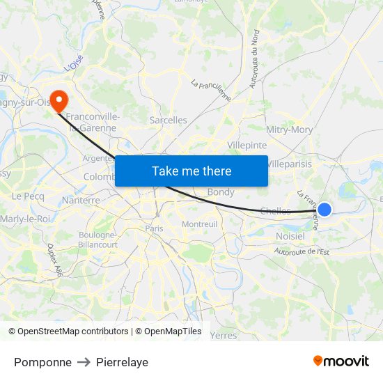 Pomponne to Pierrelaye map