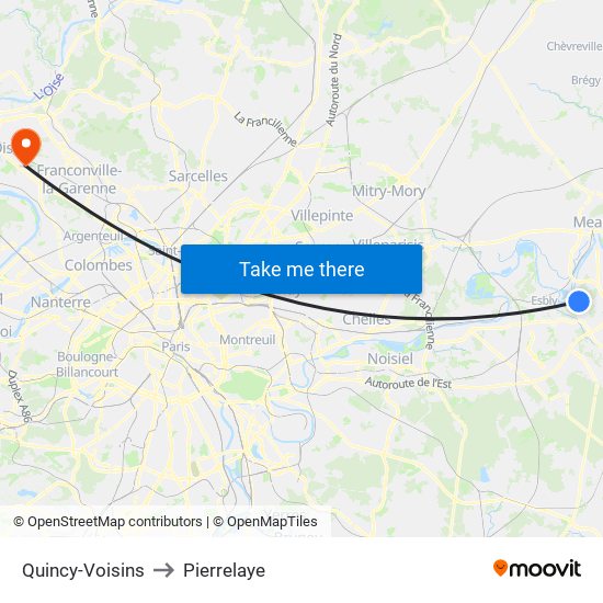 Quincy-Voisins to Pierrelaye map