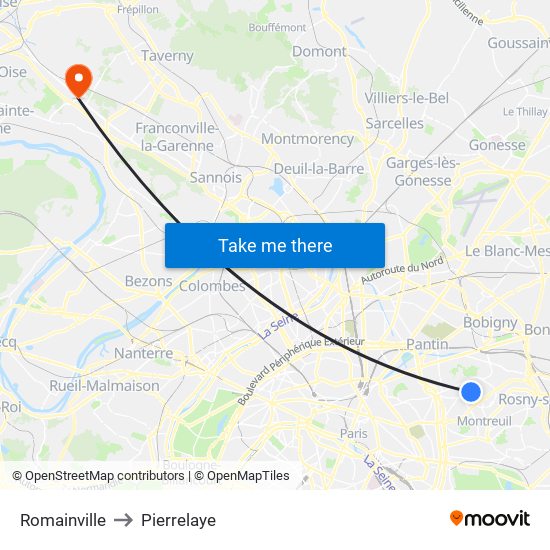 Romainville to Pierrelaye map