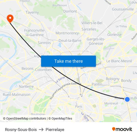 Rosny-Sous-Bois to Pierrelaye map