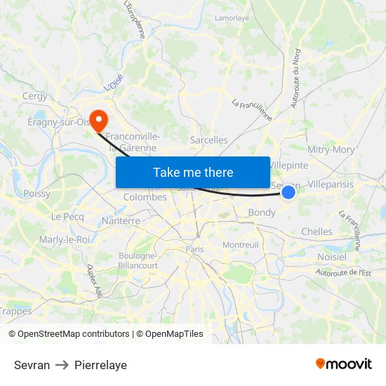 Sevran to Pierrelaye map