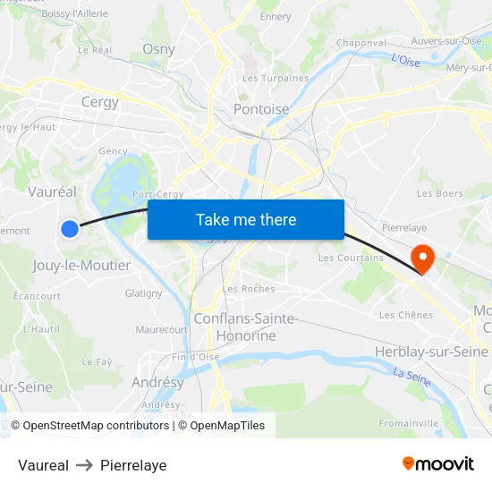 Vaureal to Pierrelaye map