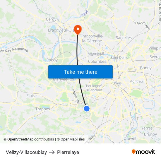 Velizy-Villacoublay to Pierrelaye map