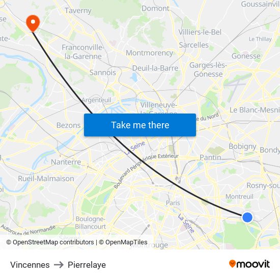 Vincennes to Pierrelaye map