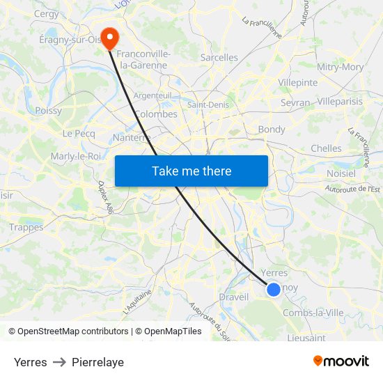Yerres to Pierrelaye map
