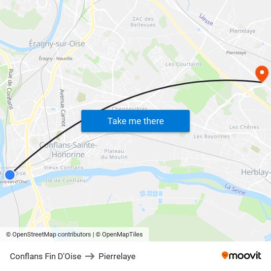 Conflans Fin D'Oise to Pierrelaye map