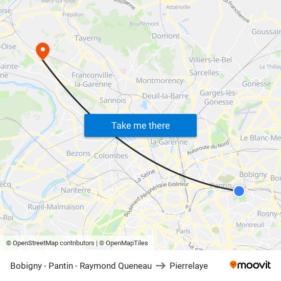 Bobigny - Pantin - Raymond Queneau to Pierrelaye map