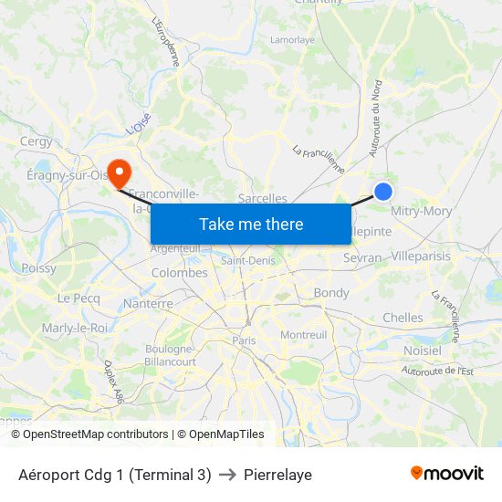 Aéroport Cdg 1 (Terminal 3) to Pierrelaye map