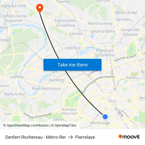 Denfert-Rochereau - Métro-Rer to Pierrelaye map