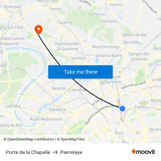 Porte de la Chapelle to Pierrelaye map