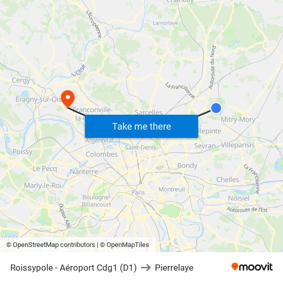 Roissypole - Aéroport Cdg1 (D1) to Pierrelaye map