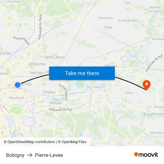 Bobigny to Pierre-Levee map
