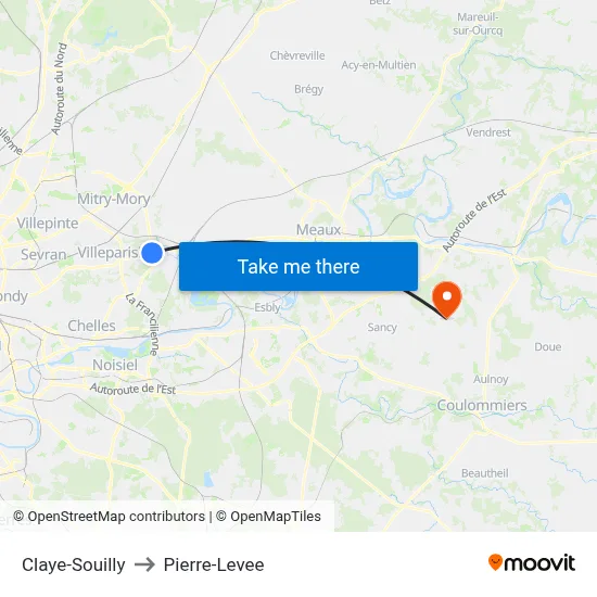 Claye-Souilly to Pierre-Levee map