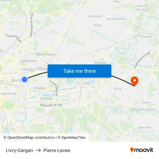Livry-Gargan to Pierre-Levee map