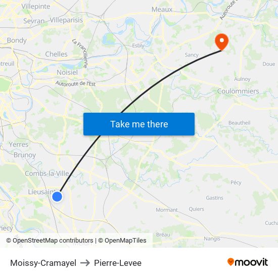 Moissy-Cramayel to Pierre-Levee map