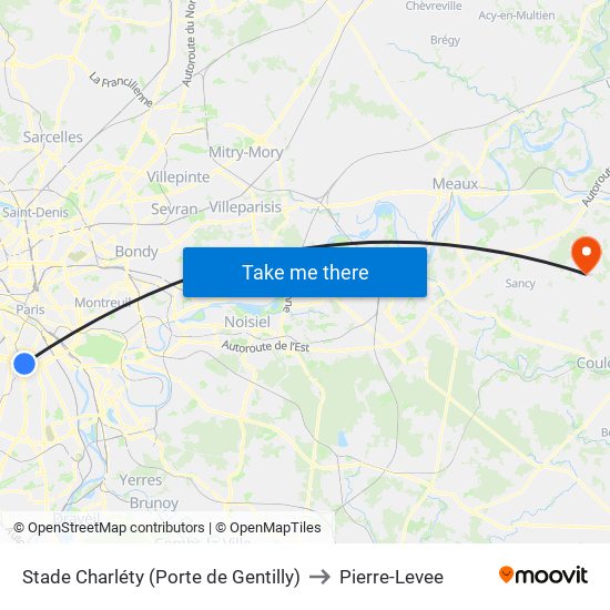 Stade Charléty (Porte de Gentilly) to Pierre-Levee map