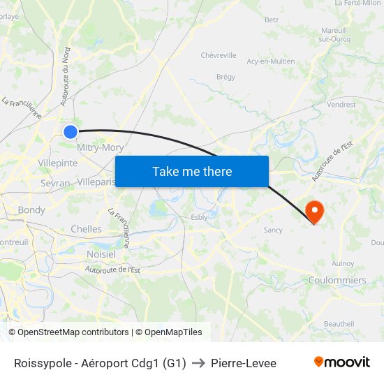 Roissypole - Aéroport Cdg1 (G1) to Pierre-Levee map