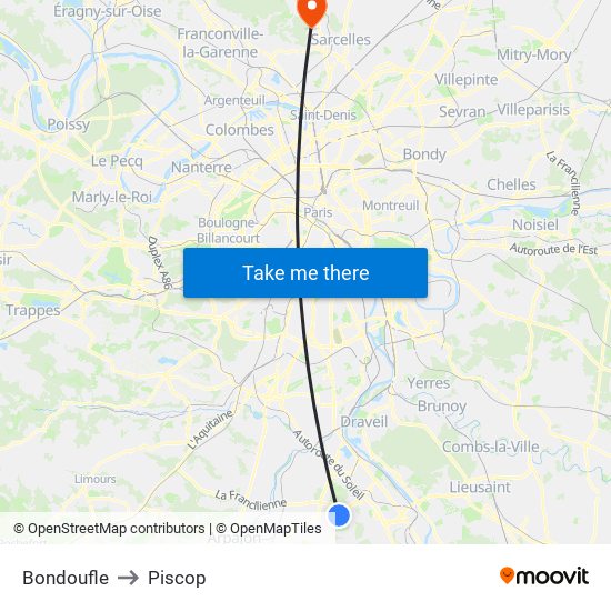 Bondoufle to Piscop map