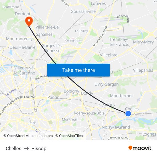 Chelles to Piscop map